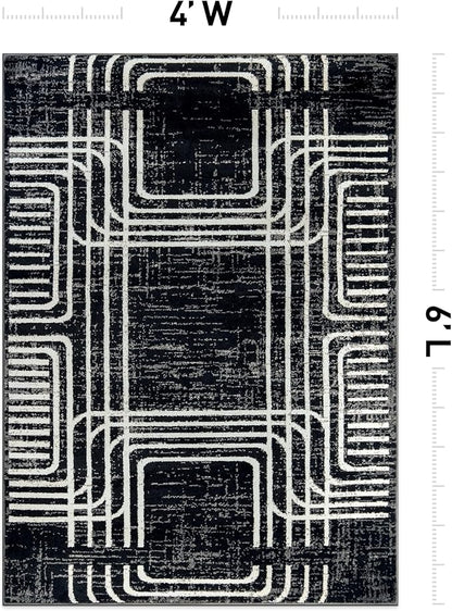Rugshop Black and White Geometric Area Rug – Abstract Curved Line and Square Pattern Carpet for Living Room, Bedroom, or Office – Contemporary Soft Floor Décor 4' x 6' Black