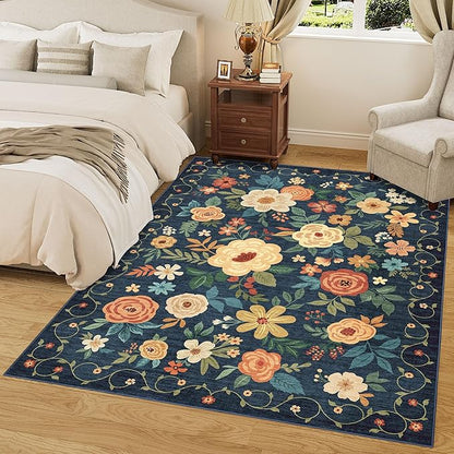 DUKINO 5x7 Area Rug, Floral Rugs for Living Room, Lightweight Non Slip Washable Rug, Indoor Low Pile & Non-Shedding Boho Design Rugs for Bedroom, Living Room, Dining Room, Dark Blue
