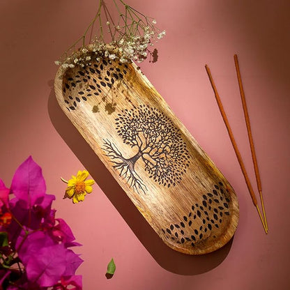 Incense Holder for Sticks Hand Carved - Tree of Life - Incense Burner/Ash Catcher- Handmade Wooden Insence Tray – Modern Gift Home/Room/Kitchen Décor 11x4x1.5 Inch