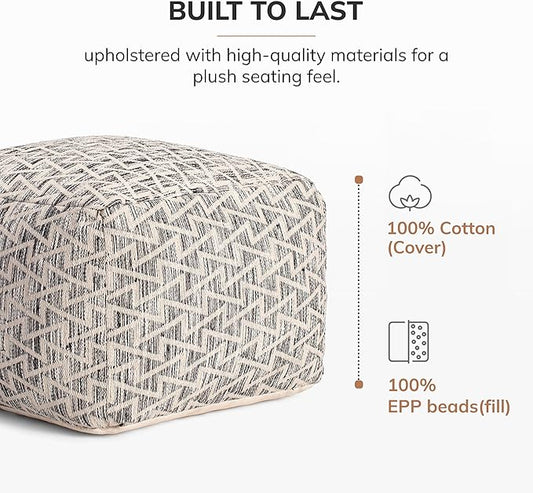 Anji Mountain 100% Handmade & Handcrafted Comfortable Home Décor Pouf Ottoman Footrest for Living Room, Bedroom, Nursery, Kidsroom, Patio Furniture - (22" x 22" x 16"- Black,Ivory)