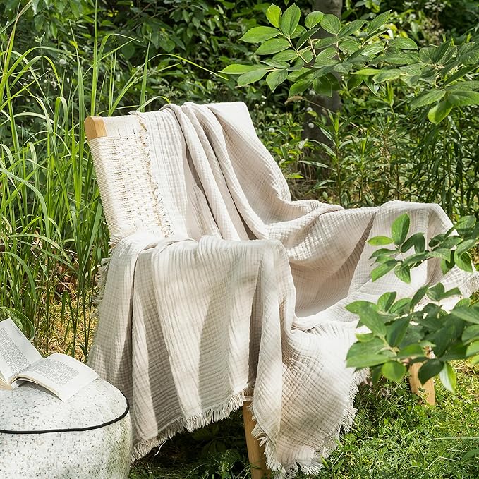 MooMee Muslin Blanket - 100% Cotton 4-Layer Gauze Throw Blanket with All-Around Fringe, Ultra-Soft Breathable Lightweight Cooling Decorative for Bed, Sofa & Couch (Cream Grey,Twin XL 66" x 90")