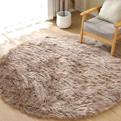 Beige Fuzzy Living Room Washable Area Rug 5ft Round Shag Faux Sheepskin Nursery Rug for Bedroom Teen Room Home Decor Soft Fluffy Circle Carpet