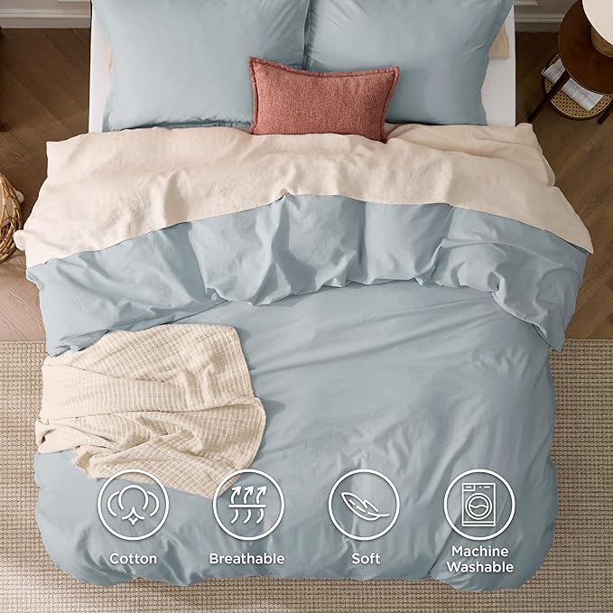 Bedsure 100% Stone Washed Cotton Duvet Cover Queen - Cornflower Blue Minimalist Duvet Cover Linen Like for All Seasons - GentleSoft™ Plain Simple Bedding (Cornflower Blue, Queen, 90"x90")