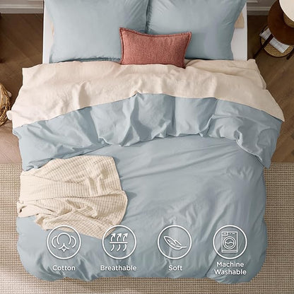 Bedsure 100% Stone Washed Cotton Duvet Cover Queen - Cornflower Blue Minimalist Duvet Cover Linen Like for All Seasons - GentleSoft™ Plain Simple Bedding (Cornflower Blue, Queen, 90"x90")