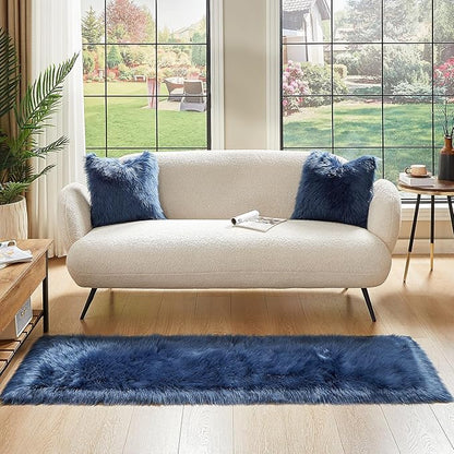 AMTOVO Faux Fur Rug, Dark Blue Ultra Soft Fluffy Shag Sheepskin Rug, 2 x 6 ft Runner Area Rugs for Bedroom Sofa Throw Cushion Room Decor, Rectangle