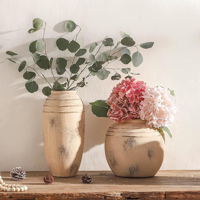 Ceramic Flower Vase with Handles, 12 inch Tall Vase for Centerpieces, Large Decorative Terracotta Vases, Farmhouse Rustic Vases for Home Decor, Living Room, Table, Neutral vase Lyeec