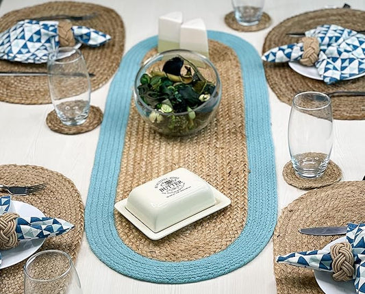 CHARDIN HOME Verona Oval Woven Jute & Cotton Braided Table Runner, Size -13 x 36 Inches, Color - Natural Jute with Aqua Border