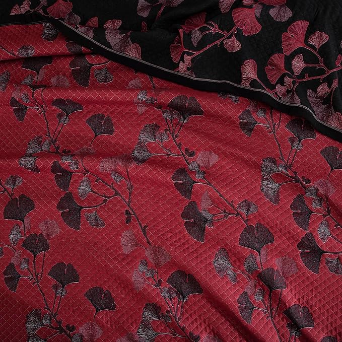 100% Cotton Muslin Jacquard 3 Piece Quilt Set Floral Ginkgo Leaf Print, Soft 3 Layers Gauze Bed Cover Reversible Bedspread Coverlet Breathable Lightweight Bedding Set, Queen