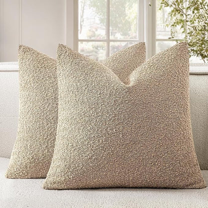 Woaboy Pack of 2 20x20 Inch Decorative Boucle Throw Pillow Covers Textured Square Pillowcaes Accent Solid Cozy Soft Cushion Covers Home Decor for Sofa Couch Living Room Home Decor,Khaki