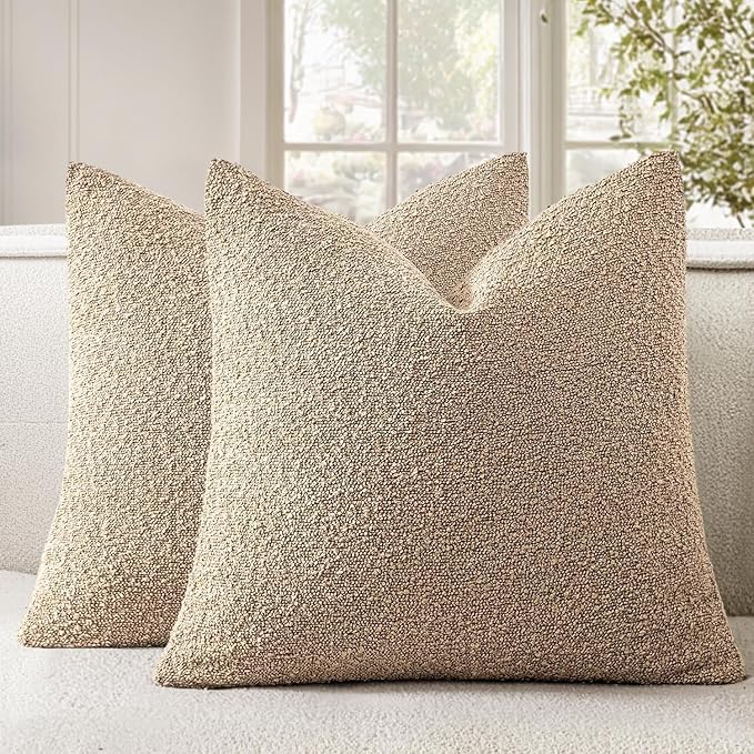 Woaboy Pack of 2 18x18 Inch Decorative Boucle Throw Pillow Covers Textured Square Pillowcaes Accent Solid Cozy Soft Cushion Covers Home Decor for Sofa Couch Living Room Home Decor,Khaki