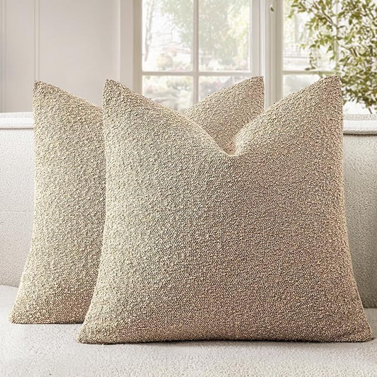 Woaboy Pack of 2 18x18 Inch Decorative Boucle Throw Pillow Covers Textured Square Pillowcaes Accent Solid Cozy Soft Cushion Covers Home Decor for Sofa Couch Living Room Home Decor,Khaki