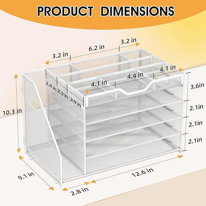 5 Tier Paper Letter Tray with File Holder and 3 Drop-in Pen Holders, Mesh Desk File Organizer with Handle, Desk Organizers and Accessories for School,Home, Office Supplies Storage-White