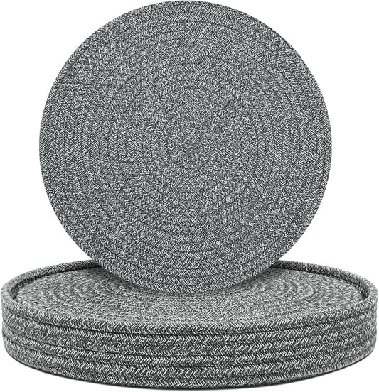 Round Placemats Set of 6 with Holder, Cotton Rope Woven Place Mats, Hot Pads for Kitchen, Heat Resistant Table Mats, 13 Inch Farmhouse Washable Braided Placemat for Kitchen Decor (Dark Gray)