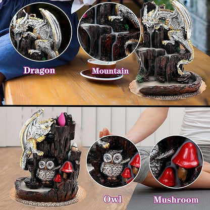 Dragon Backflow 2 Sided Mountain Waterfall Incense Burner,Fountain Smoke Incense Holder with Backflow Incense Cones, Tweezers, Mat，Resin Aromatherapy Meditationvaiuk (Silver)