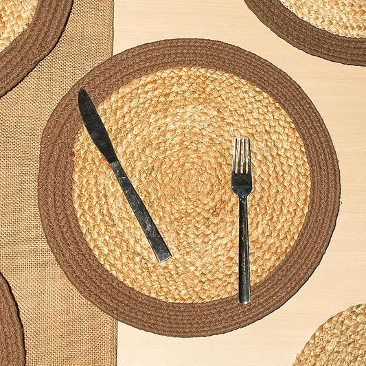 Chardin home Round Verona Woven Jute & Cotton Braided PLACEMAT (Set of 4), Size -14 inch, Round, Color - Natural Jute with Brown Border