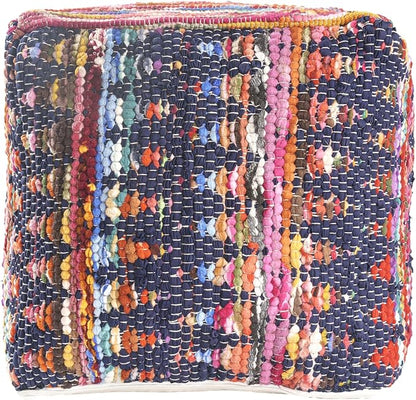 LR Home Denim Bordered Shabby Chic Hand-Loomed Cotton Jute Cube Pouf for Home Decor | Hand-Made Farmhouse Foot Rest for Bedroom & Living Room Decor | 18 x 18 x 18 Stuffed Ottoman for Seating