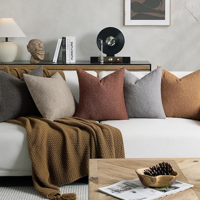 Throw Pillow Covers 18 x 18 Inch Set of 2, Accent Soft Boucle Textured Pillow Cover, Decorative Solid Color Cozy Cushion Pillow Case for Couch Bedroom Sofa Living Room Home Decor, Oatmeal