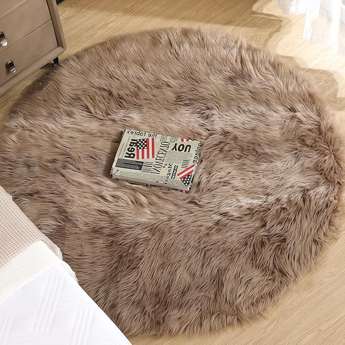 Beige 3ft Round Fluffy Shaggy Rug Washable Soft Area Rug for Living Room Bedroom Cute Room Decor Circle Nursery Rug Faux Fur Carpet