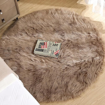Beige Round Cozy 4ft Shag Rug Washable Furry Soft Area Rug for Living Room Bedroom Cute Nursery Decor Circle Carpet Faux Fur Fluffy Home Décor