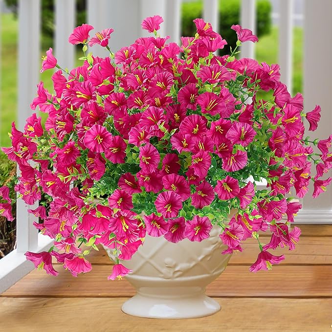 Artificial Flowers for Outdoors 12 Bundles Realistic Faux Plants UV Resistant Fake Silk Morning Glory with Eucalyptus for Front Door Planter Patio Porch Outside Spring Summer Decoration (Magenta)