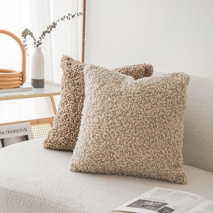 Foindtower 2 Pieces Faux Fur Throw Pillow Cover Decorative Sherpa Pillow Fuzzy Accent Pillowcases Soft Sheepskin Fleece Cushion Case for Bed Couch Living Room 26x26 Inch Oatmeal