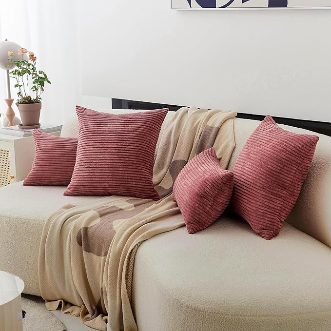 Home Brilliant Set of 2 Throw Pillow Covers Striped Velvet Couch Pillow Cushion Covers Decorative Throw Pillows for Bed, 40 x 40cm, 16 x 16 Inch, Dry Rose Pink