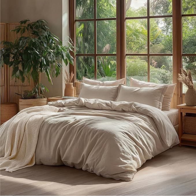 Bedsure 100% Washed Cotton Duvet Cover Queen Size - Frosted Almond Minimalist Cotton Duvet Cover Linen Like for All Seasons - GentleSoft™ Plain Simple Bedding, Frosted Almond, Queen, 90"x90"