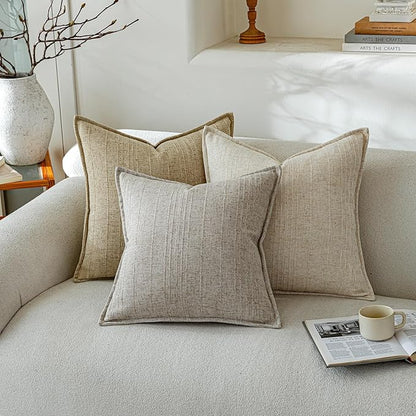a moment Linen Pillow Covers Set of 2,Boho Farmhouse Throw Pillowcases Neutral Textured Decorative Covers for Couch Sofa Bed, Soft Linen Blend Accent Case Cushion Home Decor 18"x18"Light Grey