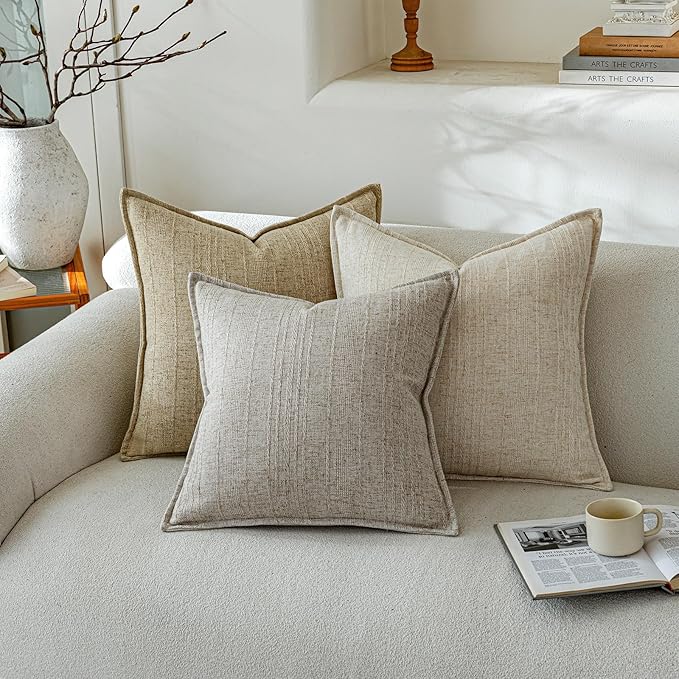 a moment Linen Pillow Covers Set of 2,Boho Farmhouse Throw Pillowcases Neutral Textured Decorative Covers for Couch Sofa Bed, Soft Linen Blend Accent Case Cushion Home Decor 20"x20"Light Grey