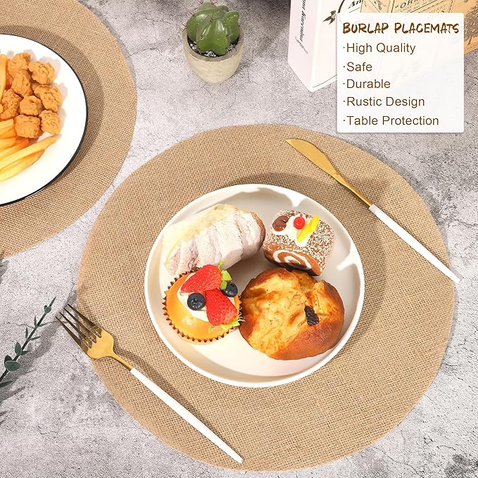 Aneco 50 Pieces Round Burlap Placemats 13.78 Inch Reusable Brown Table Mats Heat Resistant Natural Jute Fibers Placemats Burlap Circle Rustic Table Decorations for Dinner Holiday Farmhouse Decor