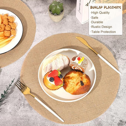 Aneco 50 Pieces Round Burlap Placemats 13.78 Inch Reusable Brown Table Mats Heat Resistant Natural Jute Fibers Placemats Burlap Circle Rustic Table Decorations for Dinner Holiday Farmhouse Decor