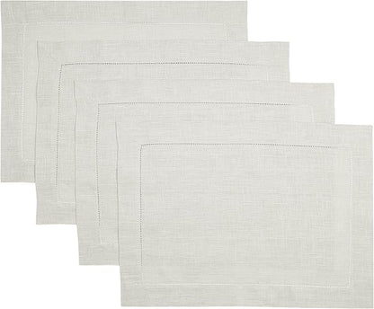 D'Moksha Homes Silver Grey Linen Cloth Placemats Set of 4-100% Pure Linen Hemstitch Placemats 14 x 19 Inch - Classic Hemstitch Table Place Mats for Winter - Handcrafted and Machine Washable