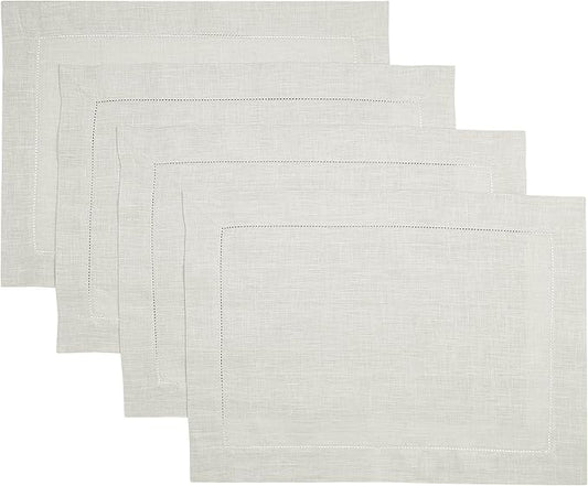 D'Moksha Homes Silver Grey Linen Cloth Placemats Set of 4-100% Pure Linen Hemstitch Placemats 14 x 19 Inch - Classic Hemstitch Table Place Mats for Winter - Handcrafted and Machine Washable