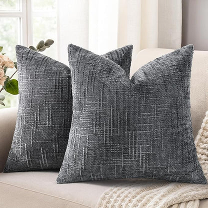 decorUhome Spring Dark Grey Chenille Throw Pillow Covers 18x18 Set of 2 Textured Slubby Couch Pillow Covers Farmhouse Accent Modern Neutral Decorative Pillow Cases for Bed Sofa Living Room