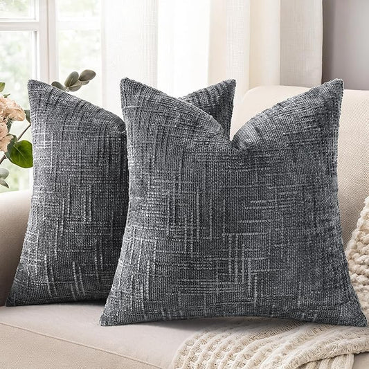 decorUhome Spring Dark Grey Chenille Throw Pillow Covers 18x18 Set of 2 Textured Slubby Couch Pillow Covers Farmhouse Accent Modern Neutral Decorative Pillow Cases for Bed Sofa Living Room