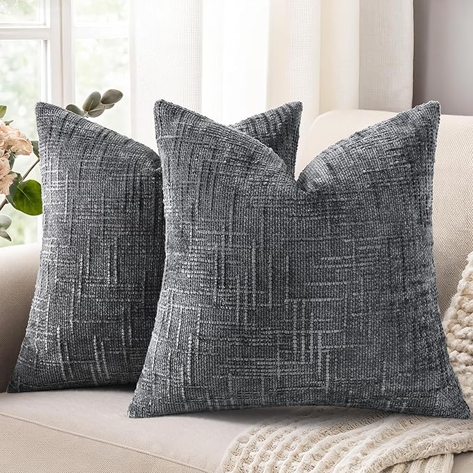 decorUhome Spring Dark Grey Chenille Euro Sham Throw Pillow Covers 24x24 Set of 2 Textured Slubby Couch Pillow Covers Farmhouse Accent Modern Neutral Decorative Pillow Cases for Bed Sofa Living Room