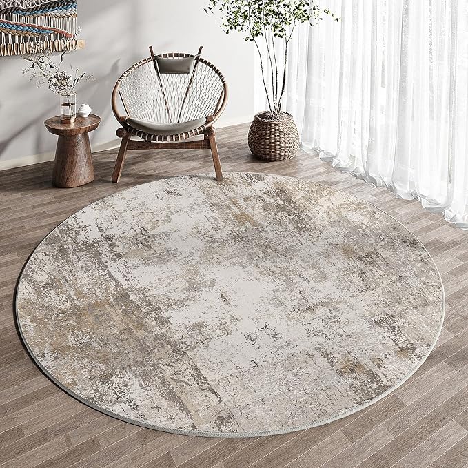3x3 Washable Round Rug Brown Grey Abstract Entryway Area Rug Neutral Modern Non Slip Soft Low Pile Small Carpet for Bathroom Kitchen Living Room Bedroom