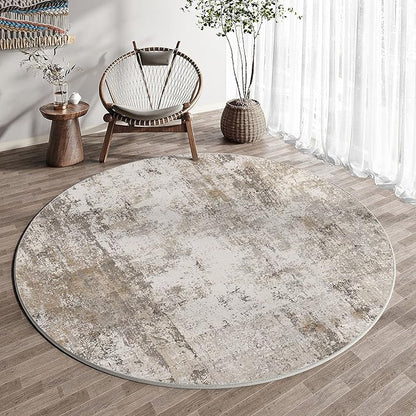 5x5 Washable Round Rug Brown Grey Abstract Living Room Bedroom Area Rug Neutral Modern Non Slip Soft Low Pile Indoor Carpet for Dining Room Office Entryway