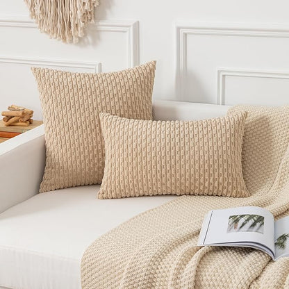 Kevin Textile 16x24 Inch Pillow Cover 1 Pack Boho Decorative Soft Striped Corduroy Lumbar Farmhouse Solid Color Accent Rectangle Cushion Case for Living Room Couch Sofa Bed, Beige