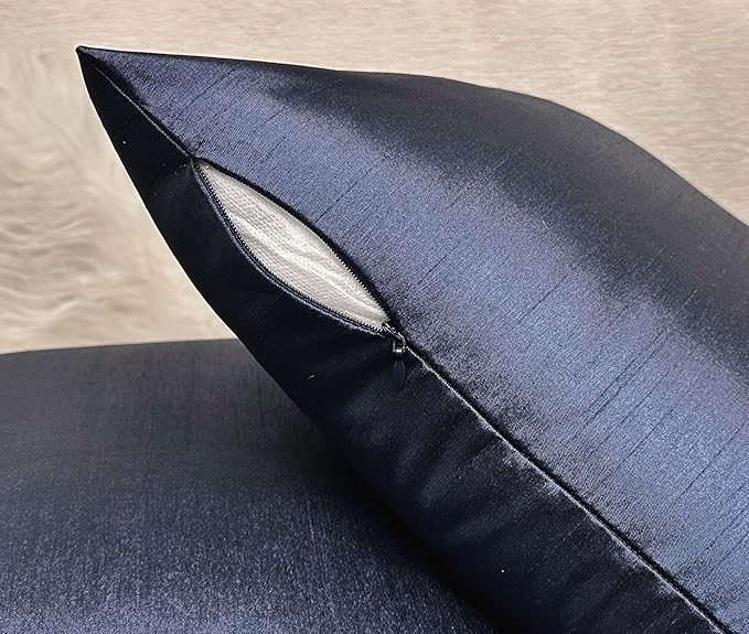 Aiking Home 20x20 Inches Faux Silk Square Throw Pillow Cover, Zipper Closure, Navy (Set of 2)