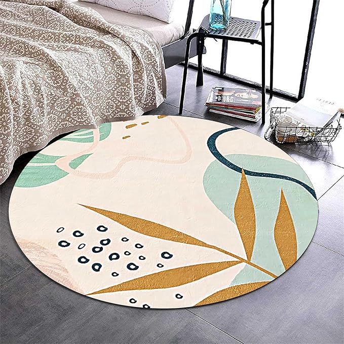 Round Area Rug, 3.3ft, Boho Round Area Rug, Soft Non-Slip Machine Washable Green Leaf Bathroom Rug, Abstract Tropical Plant Aesthetic Rug, Suitable for Living Room Bedroom Bedside