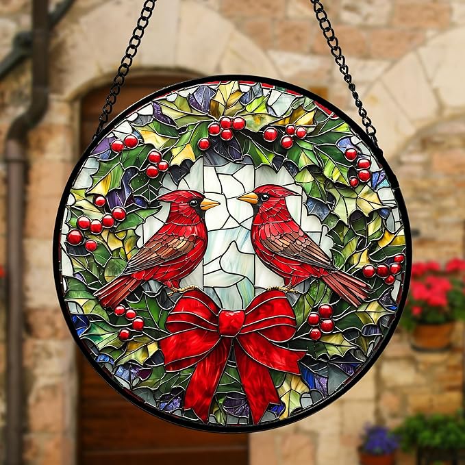 Stained Glass Window Hanging - Cardinals Green Wreath Suncatcher for Doors Home Christmas Decoration Red Bird Sun Catcher Thanksgiving New Year Birthday Gift for Women Men Mom Nana 6.3 in