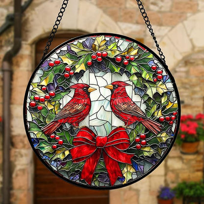 Stained Glass Window Hanging - Cardinals Green Wreath Suncatcher for Doors Home Christmas Decoration Red Bird Sun Catcher Thanksgiving New Year Birthday Gift for Women Men Mom Nana 7.8 in