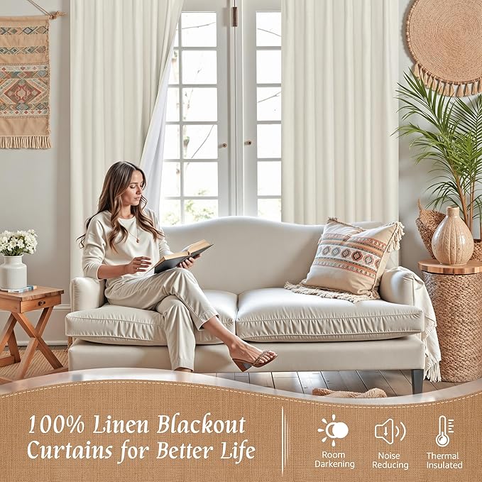 LAMIT Linen 100% Blackout Window Curtains for Bedroom, 45 Inches Linen Textured Thermal Farmhouse Curtains Back Tab and Rod Pocket Window Panels with White Liner, 2 Panels, 52 x 45 Inch, Ivory