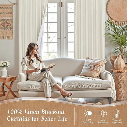 LAMIT 100% Blackout Short Linen Curtains for Cafe, 40 Inch Length Linen Textured Thermal Curtains Back Tab and Rod Pocket Neutral Panels with White Liner for Bedroom, 2 Panels, 34 x 40 Inch, Ivory