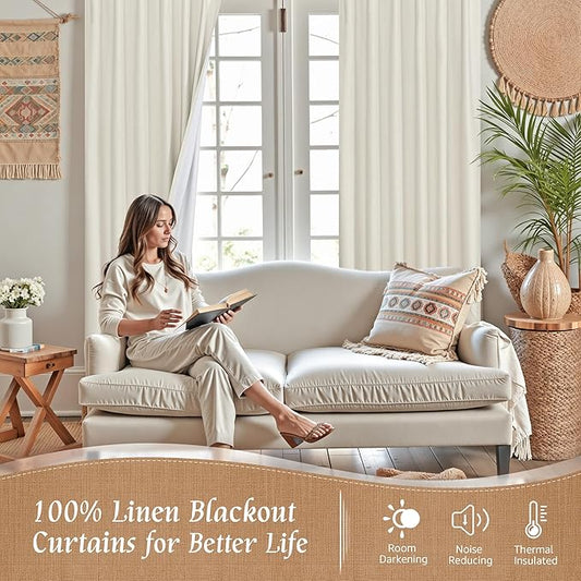 LAMIT Ivory 100% Blackout Polyester Curtains 84 Inches Long, Polyester Living Room Farmhouse Curtains Full Room Darkening Back Tab and Rod Pocket Panels with White Liner, 2 Panels, 38 x 84 Inch