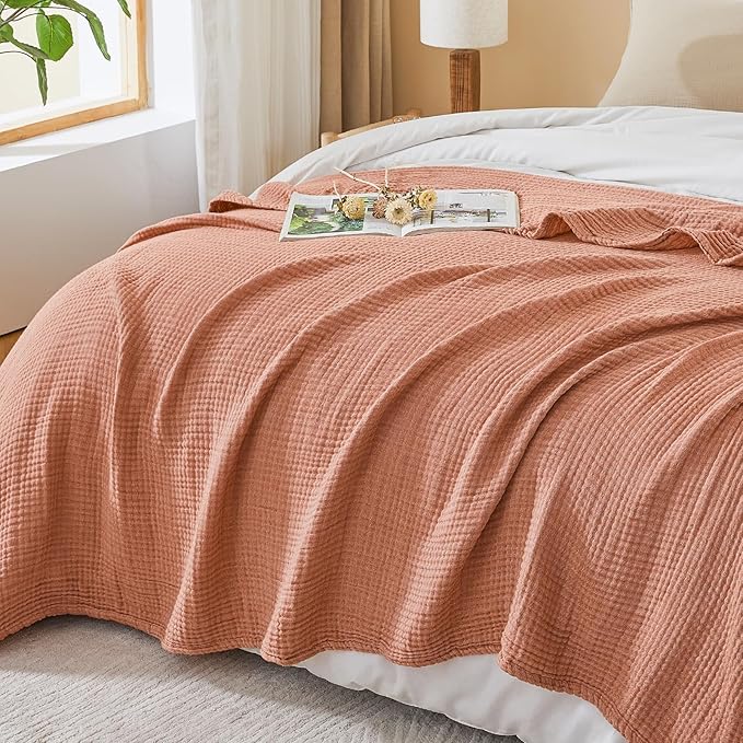 EMME Cotton Muslin Large Throw Blanket Couch Breathable Gauze Blanket Soft Lightweight Bed Blankets Adults (Orange Red, 50"x70")