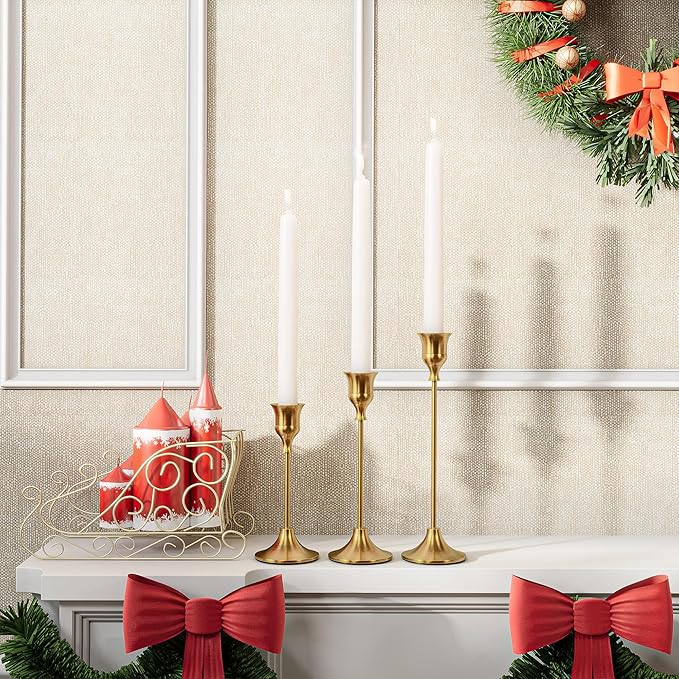Brass Gold Candlestick Holders Taper Candle Holders, Set of 3 Vintage Candle Sticks Holder Decor Used as Fireplace Mantel or Table Centerpieces for Wedding, Dinning, Party