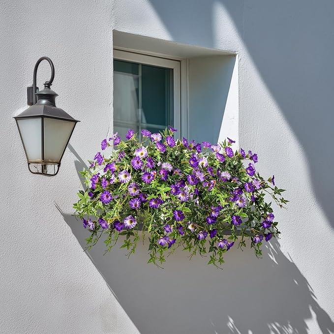 Artificial Flowers Artificial Petunias for Outdoors 2PCS Artificial Hanging Plants Outdoors Silk Flowers with Stems Outdoor Flowers Uv Resistant for Porch Decor Terrace Decor（Purple with Pot）