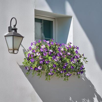 Artificial Flowers Artificial Petunias for Outdoors 2PCS Artificial Hanging Plants Outdoors Silk Flowers with Stems Outdoor Flowers Uv Resistant for Porch Decor Terrace Decor（Purple with Pot）